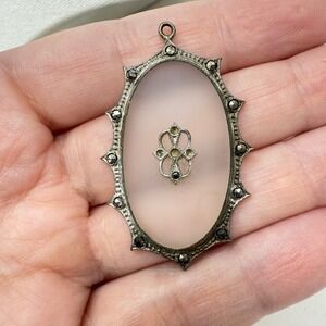 Victorian Camphor Glass Oval Pendant Marcasite Silver Tone Rock Crystal
